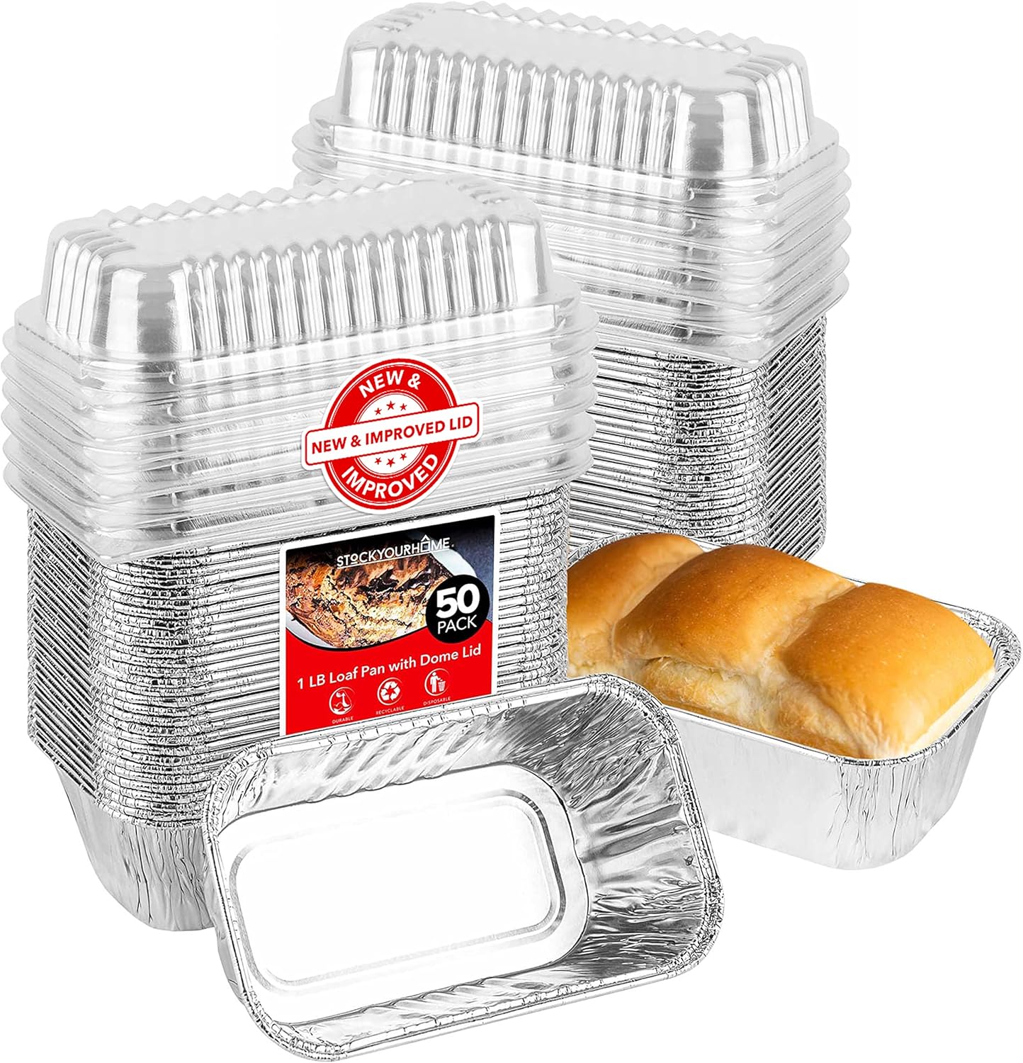 Stock Your Home Disposable Aluminum Mini Loaf Pans with Lids, 1 lb (50 Pack) for Cake, Bread Packaging