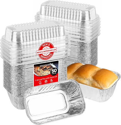 Stock Your Home Disposable Aluminum Mini Loaf Pans with Lids, 1 lb (50 Pack) for Cake, Bread Packaging