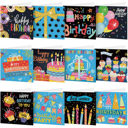 Saillong 12 Pack Happy Birthday Diamond Painting Greeting Card Kits DIY Diamond Art Cards with Envelopes Birthday Cake 5d Rhinestones Painting Kits for Adults DIY Crafts Family Friend Birthday Gifts