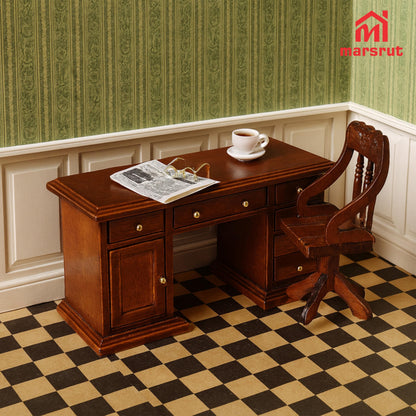 1/12 Scale Wooden Dollhouse Desk and Chair Set, Miniature Office Furniture, Computer Table Accessory, Retro Writing Simulation Doll House Accessories for Photo Props Scene