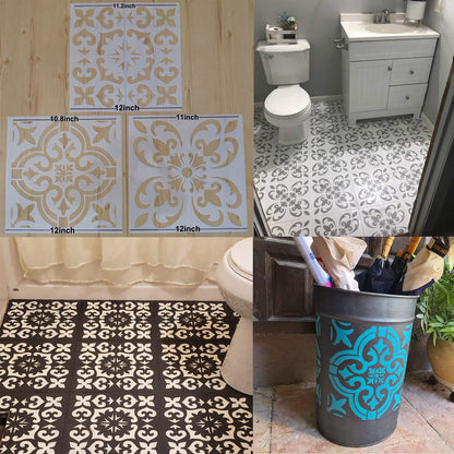 Lindin 3PCS Tile Stencil 12x12 Inch - Large Stencils Painting for Floor Wall Furniture Fabric Wood - Reusable Art Mandala Stencils Painting (Style 2)