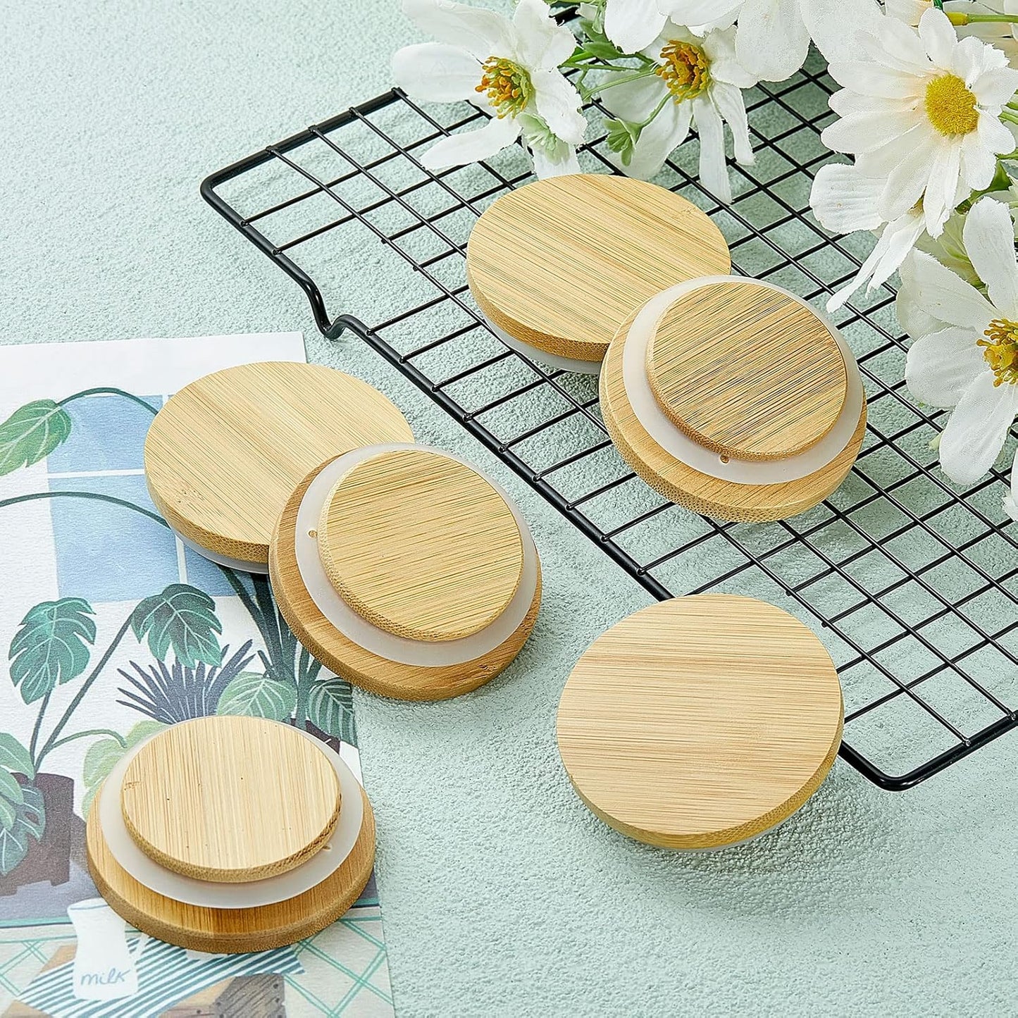 24 Pack Set Sawysine Yogurt Jar Lids Compatible with Oui Yogurt Jars Reusable Bamboo Wooden Round Canning Lids
