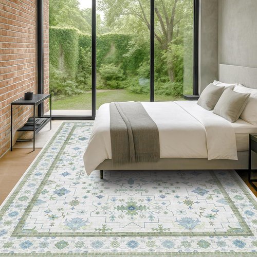 Green Area Rugs 9x12 by [Brand Name] - Washable Oriental Geometric Design | Extra Large Non-Slip Soft Faux Wool Carpet for Living Room, Bedroom, Dining Room