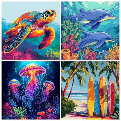 Diamond Painting Kits for Kid - 4 Pack Beach Tortoise Dolphin Jellyfish DIY 5D Animals Diamond Art Kits Full Drill Diamond Dots Paintings with Diamonds Gem Art and Crafts Home Decor Gifts 7.8X7.8 inch