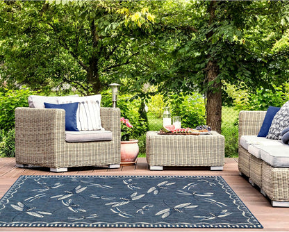 Liora Manne Carmel Low Profile Indoor/Outdoor Woven Rug, Decorative Botanical Dragonfly in Navy, 3'3" x 4'11"