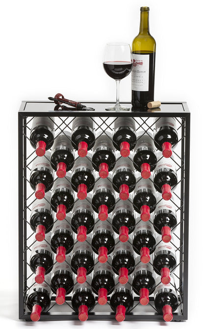 Mango Steam 32 Bottle Wine Rack with Black Glass Top Shelf, Free Standing for Home, Kitchen and Bar