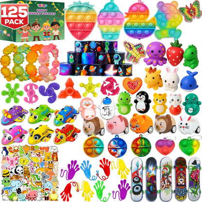 Skiennix 125 Pcs Fidget Toys Pack - Sensory Pop Toys & Stickers for Kids & Adults | Perfect for Party Favors & Goodie Bags
