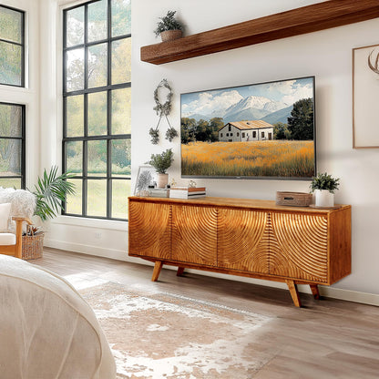 Acacia Harmony TV Stand for TVs up to 75+ Inch Entertainment Center with Storage Shelves and Cable Management, Media Console Table Wood for Living Room Bedroom, Caramel