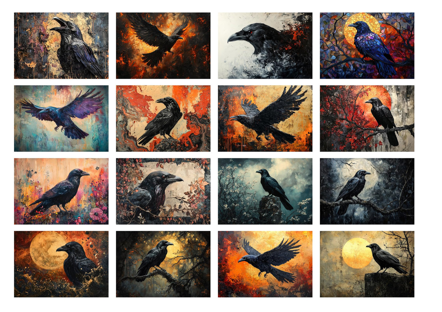 Decoupage Paper Pack (35 Sheets 6"x8") Raven Shadows: Majestic Black Ravens in Dramatic Moonlit and Fiery Sunset Scenes with Gothic, Mythical and Hauntingly Beautiful Elements FLONZ Vintage