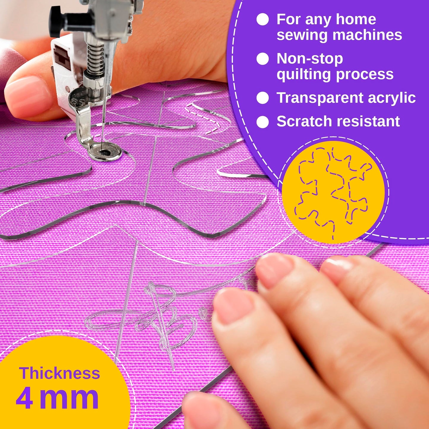 Meander Quilting Ruler Template for Sewing Machine, 4mm Transparent Acrylic 8x8 inch, Edge-to-Edge Free Motion Quilting, Stippling & Patchwork, Beginner-Friendly