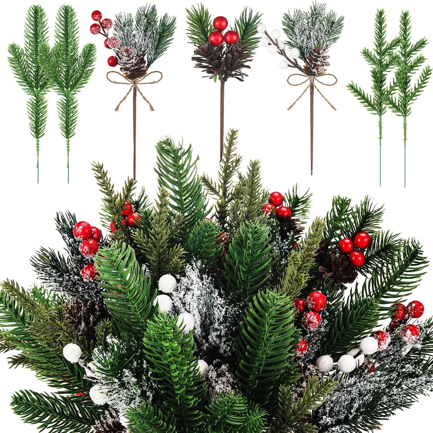 60 Pcs Christmas Artificial Green Pine Needles, Christmas Floral Picks Artificial Holly Red Berry Twig Stem Pine Snowy Cone Branches Garland Bulk for Xmas Tree Craft Holiday Winter (Elegant Style)