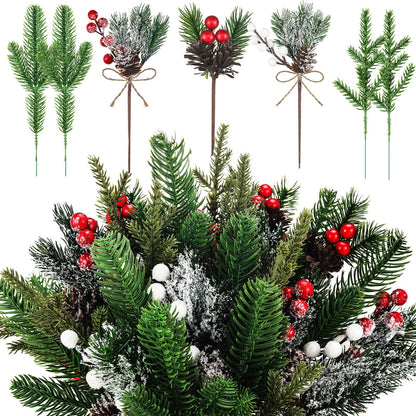 60 Pcs Christmas Artificial Green Pine Needles, Christmas Floral Picks Artificial Holly Red Berry Twig Stem Pine Snowy Cone Branches Garland Bulk for Xmas Tree Craft Holiday Winter (Elegant Style)