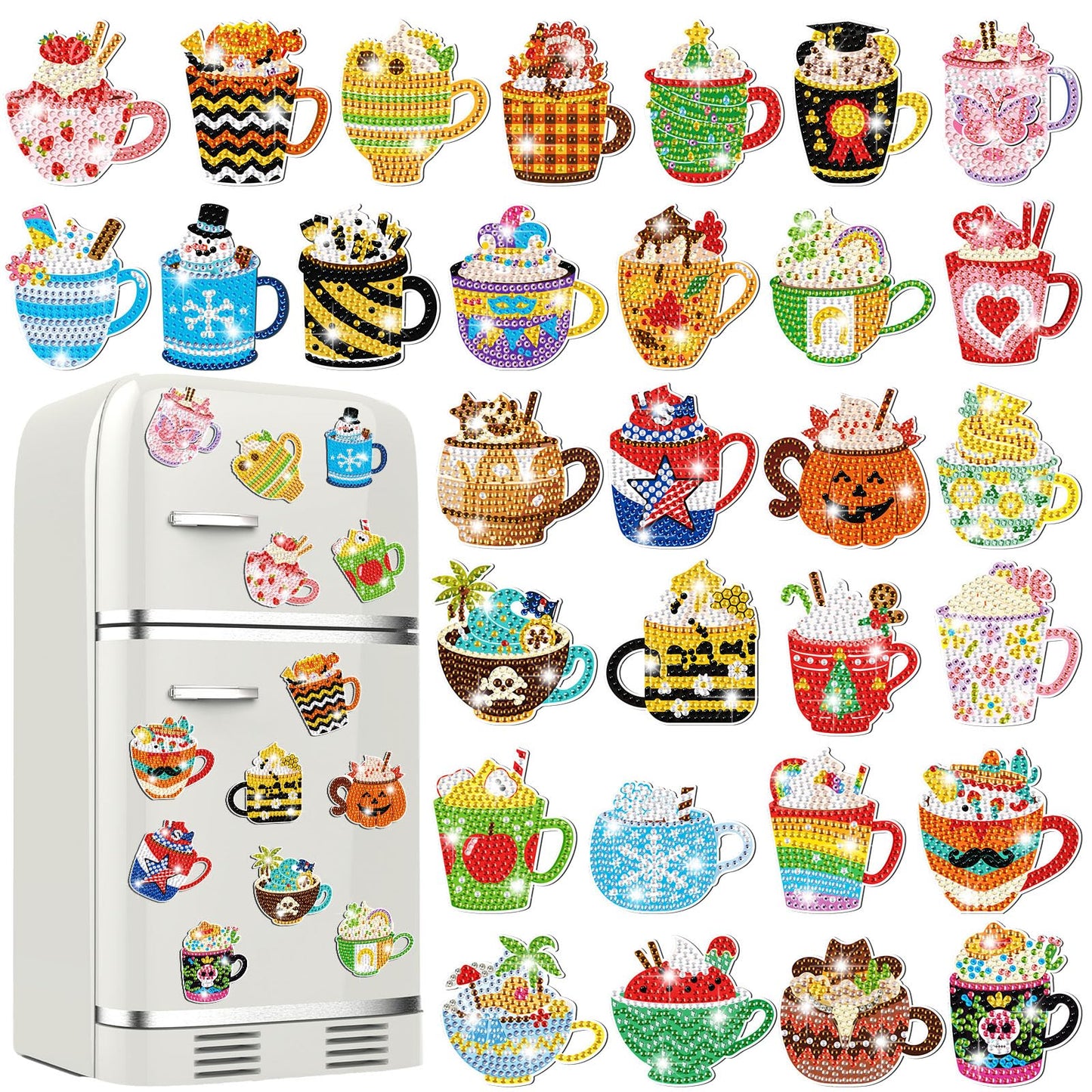 Liliaafar 30 Pcs Diamond Painting Magnets Set Diamond Art Magnets for Fridge Refrigerator Magnetic Stickers for DIY Crafts 5d Rhinestones Gem Art Painting Kits for Adults Beginners(Coffee Cup)