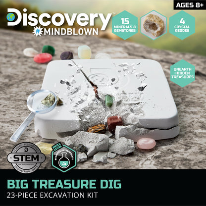 Discovery™ Big Treasure Dig STEM Kit – 23-Piece Excavation Set for Kids| Dig for 15 Gemstones, 4 Crystal Geodes & Pyrite Nuggets| Real Tools| Educational Geology Toy| Science Activity Gift| Ages 8+