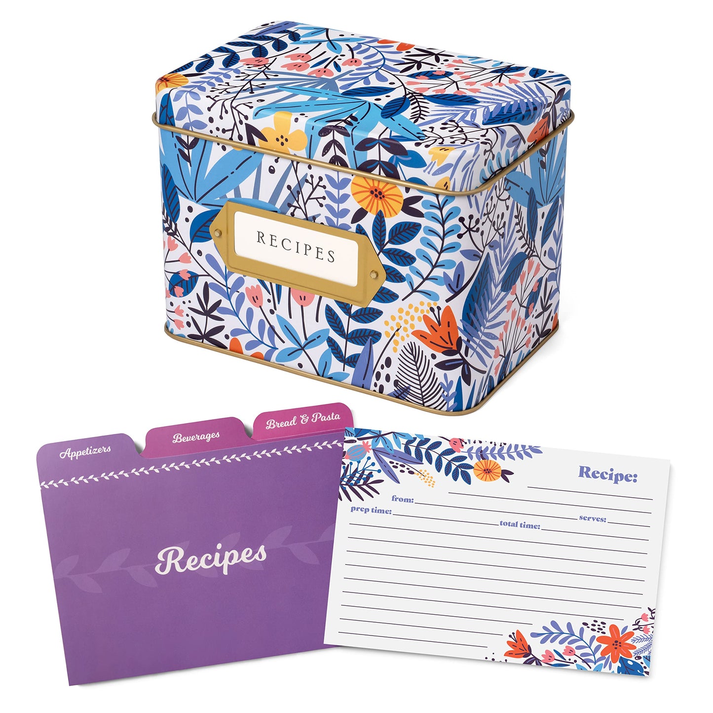Jot & Mark Recipe Card Gift Box, 25 4x6 inch Cards, 14 Dividers, Decorative Tin Box