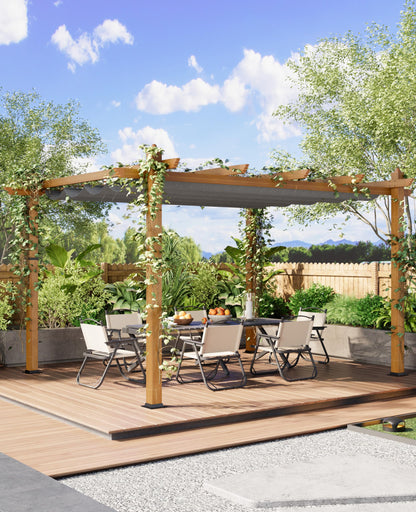 Garvee 10x13 ft Outdoor Pergola with Retractable Canopy – Upgraded Aluminum Faux Wood Grain Metal Patio Pergola for Modern Backyard Deck, Porch, Grape Trellis in Grey
