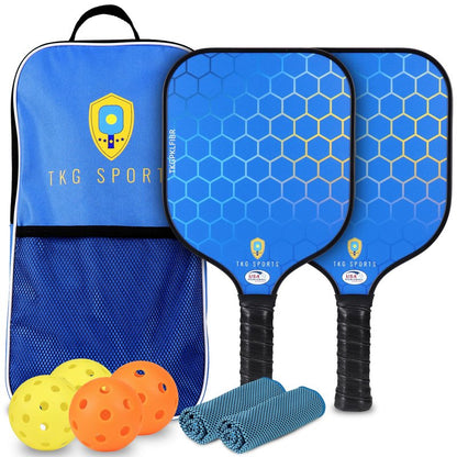 Pickleball Set with Bag - Fiberglass 14mm - 2 USAPA Pickleball Paddles, 2 Indoor and 2 Outdoor Pickleball Balls, 2 Cooling Towels - Rackets for Adults and Teens