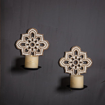Set 2 Openwork Carving Candle Sconces of - Farmhouse Rustic Wall Decor, Wooden Sunflower Candle Holder, Decorative