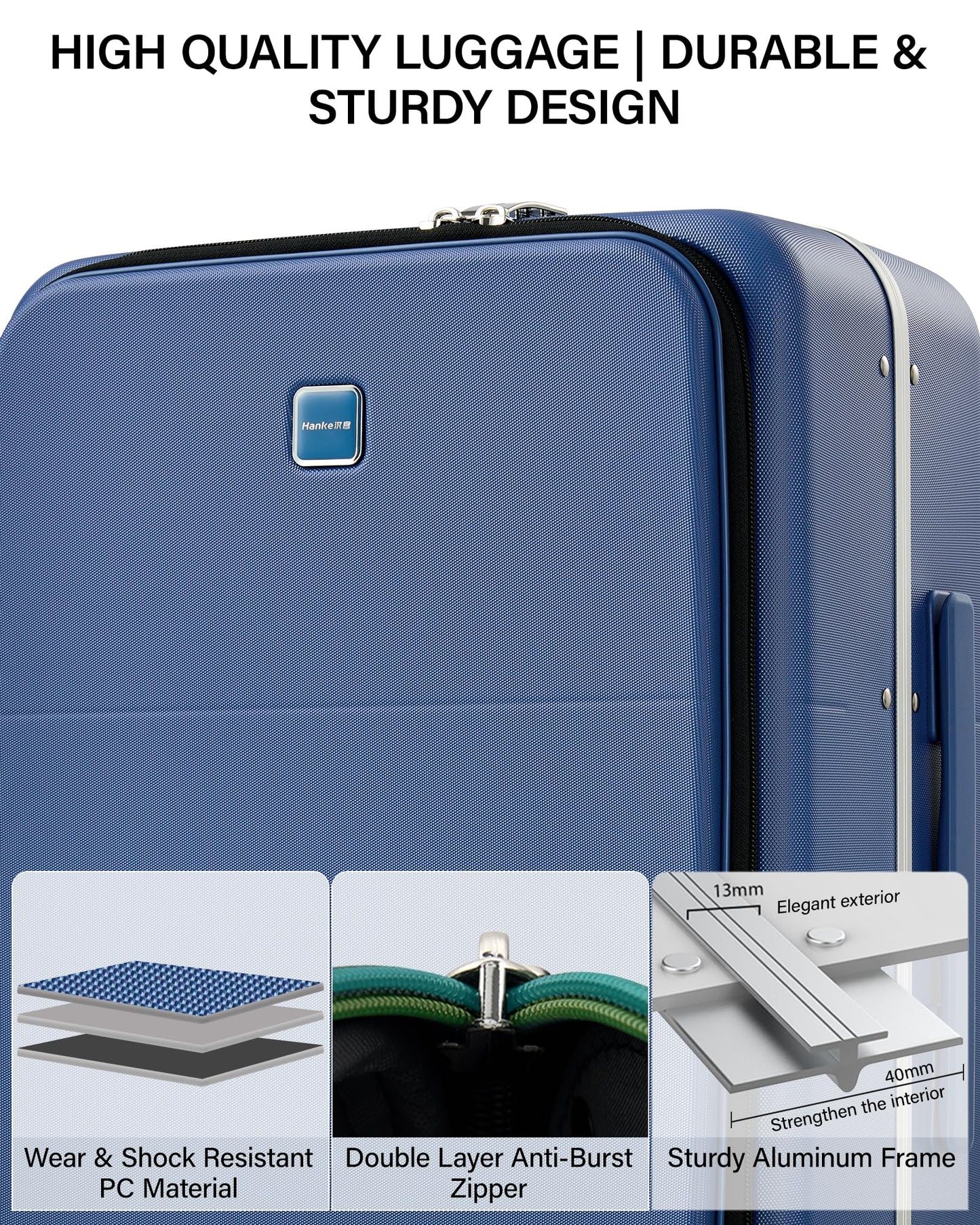 Hanke 28 Inch Top Opening Hard Shell Checked Luggage, PC Aluminum Frame Large Trunk Luggage with Cup Holder & USB Ports, TSA Lock, 8 Silent Spinner Wheels, Removable Divider, Interstellar Blue