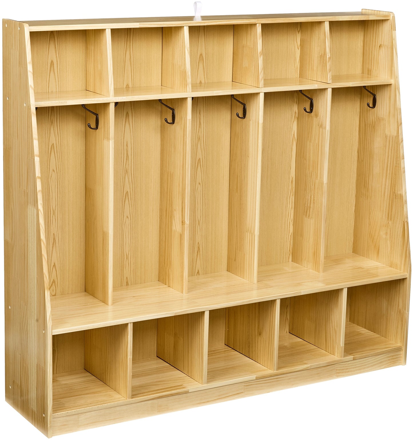 Amazon Basics Coat Locker, 5-Section with Bench, Daycare Classroom Furniture, Backpack Storage, 13"D x 54"W x 48"H, Natural Finish, Solid Pine Wood, Mudroom Furniture with Hooks for Home