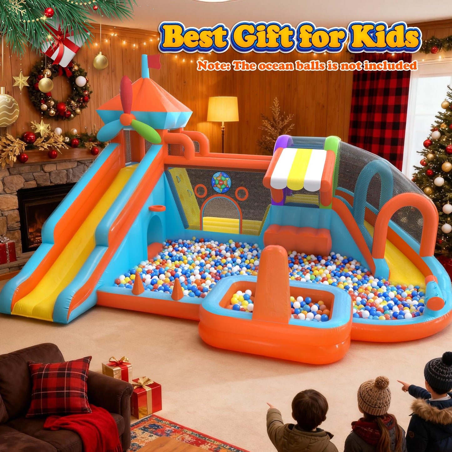Inflatable Bounce House with Double Slide, 10 in 1 Large Bounce Castle with 750W Blower, Water Slide, Jumping, Splash Pool, Climbing Wall, Toy Stand, Water Cannon, Basketball, Tunnel, Outdoor, Orange