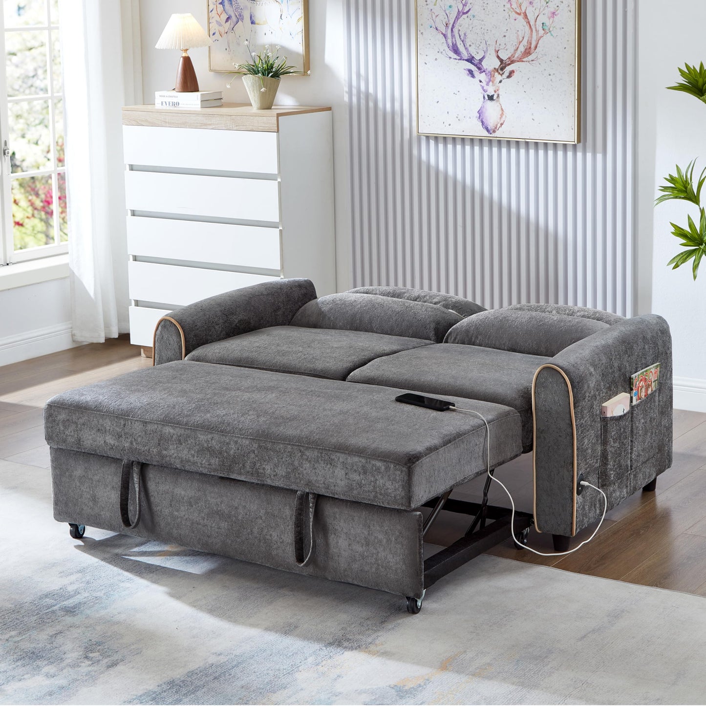 Eafurn 3 in 1 Convertible Sleeper Sofa Pull Out Couch Bed, 58" Chenille Futon Loveseat Recliner Daybed w/Reclining Backrest,Side Pockets and USB Ports for Living Room