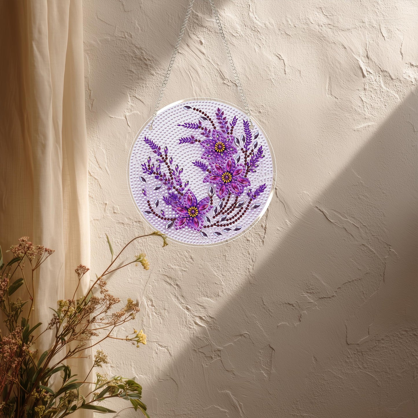 Eiflow Glass Diamond Art Hanging Kit for Adults, DIY Diamonds Painting Door Hanging Board Kit, Special Crystal Diamond Art Painting Pendant Ornament (Purple Flower)