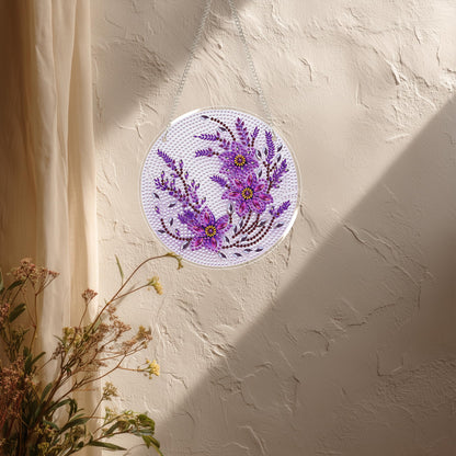 Eiflow Glass Diamond Art Hanging Kit for Adults, DIY Diamonds Painting Door Hanging Board Kit, Special Crystal Diamond Art Painting Pendant Ornament (Purple Flower)