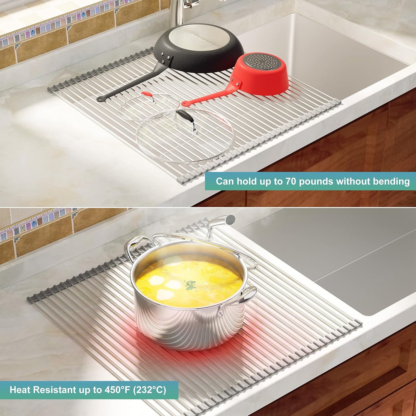 Roll Up Dish Drying Rack, Over the Sink Kitchen Dish Drainer, Foldable Sink Rack Mat, 304 Stainless Steel
