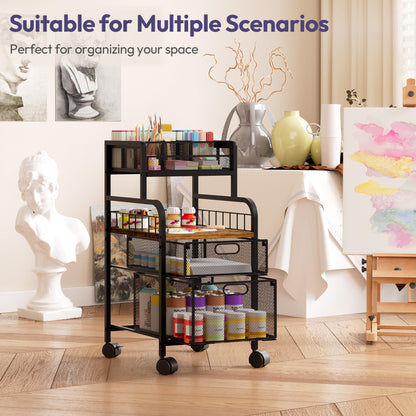 SWTYMIKI Rolling Cart with Drawers - Metal Craft Cart with Wheels, DIY Divider and Wood Shelf, Art Supply Organizer for Under Desk Storage, Utility Storage Cart for Home Office Studio, Espresso