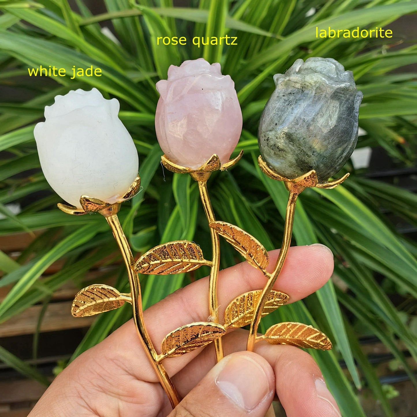 Crystal Rose Gemstone Flower Jewelry Carved Home Decoration,Reiki Heal,Girlfriend Gift,Mom's Gift,Valentines Gift (Golden stem,2piece Sodalite)