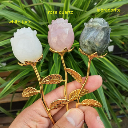Crystal Rose Gemstone Flower Jewelry Carved Home Decoration,Reiki Heal,Girlfriend Gift,Mom's Gift,Valentines Gift (Golden stem,2piece Sodalite)