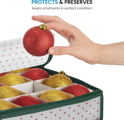 ZOBER Christmas Ornament Storage Box - Durable Organizer for 128 3" Ornaments | Green with Individual Trays
