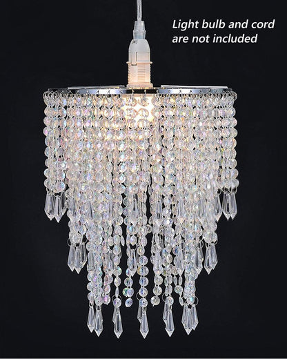 Waneway 3 Tiers Ceiling Chandelier Pendant Light Shade with Acrylic Jewel Droplets, Beaded Lampshade with Chrome Frame and Clear Beads, Diameter 8.7 inches, Clear