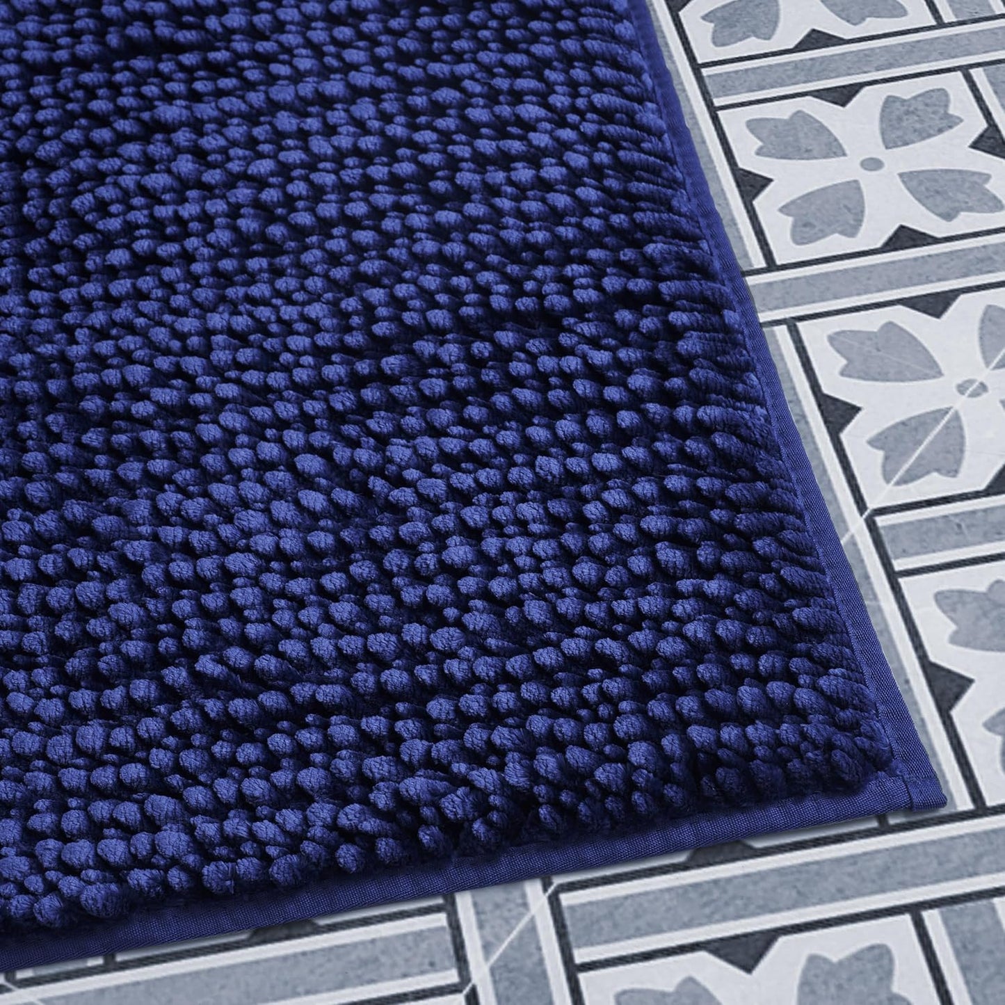 Laura Ashley Butter Chenille Bath Rug, Non Slip Shaggy Bathroom Mat for Tub and Sink - (20" x 34") Navy