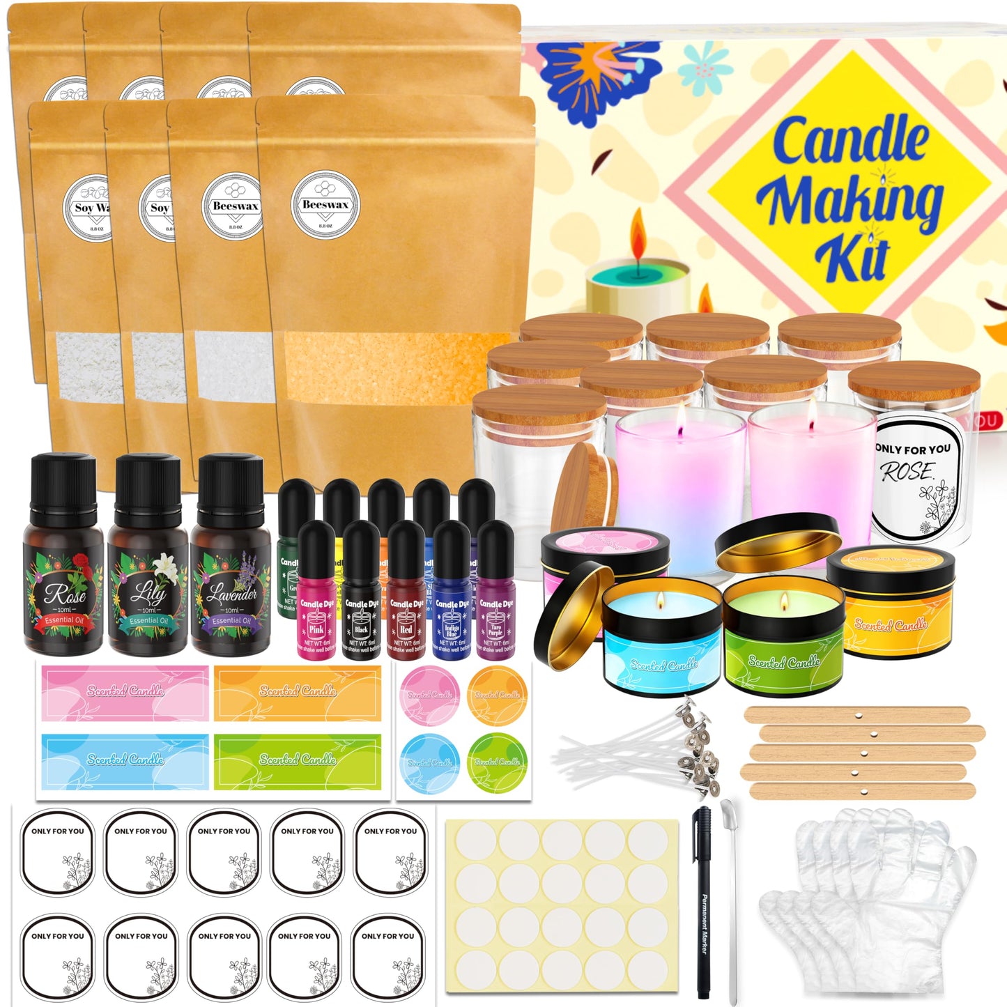 CxiRong Candle Making Kit for Adults, DIY Candle Making Supplies Craft Kits Including 4.4 lb Soy Wax, Beeswax, Jars, Tins, Candle Dyes, Essential Oils & More, Perfect for Home Decorations