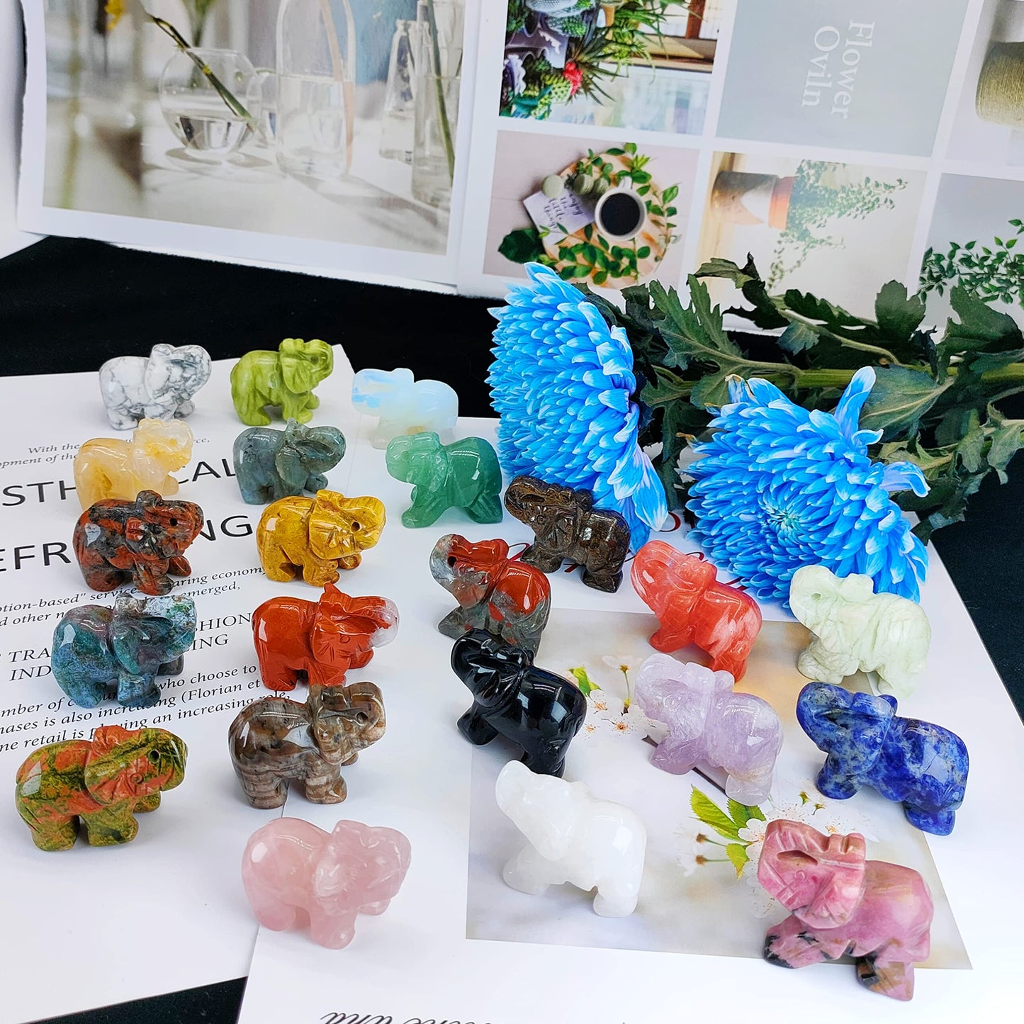 Wemeki Gemstone Elephant Figurines Mix 6PCS, Hand Carved Elephant Statue Healing Crystal Guardian Stones Figurines Statues Reiki Animal Stone for Home Decorations 1.5''