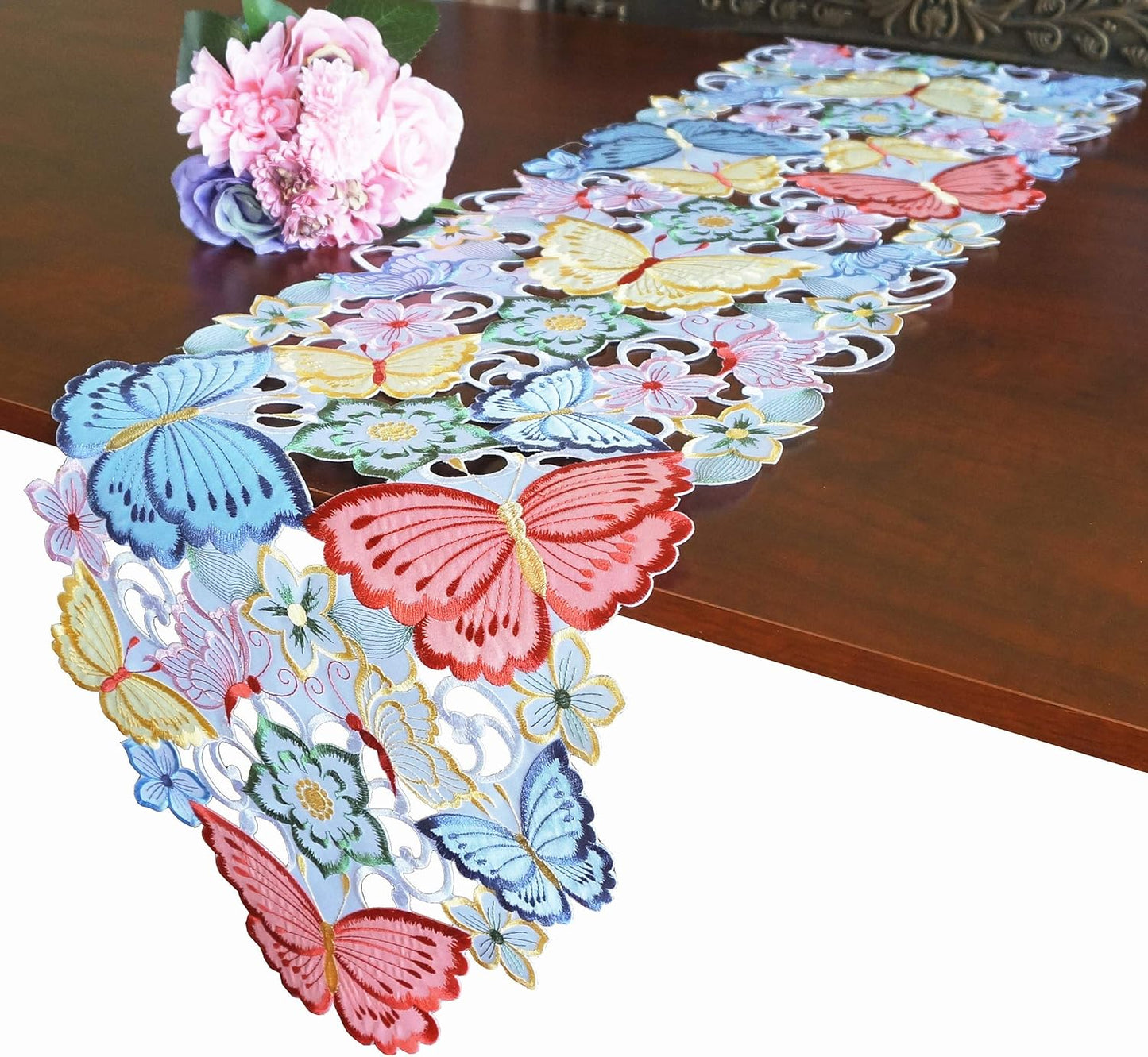 Easter Table Runner, Spring Embroidered Butterfly Applique Floral Cutwork, 13"×68"
