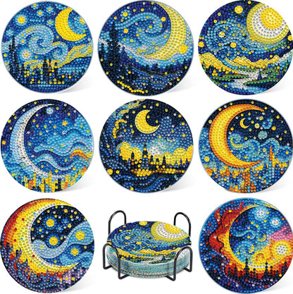 8 PCS Moon Diamond Art Coasters Kits, Diamond Painting Coasters with Holder Set of 8, DIY Drink Coasters Art Crafts Supplies for Adults Cup Mat for Home Decor House Warming Gifts Non-Slip 3.9inch