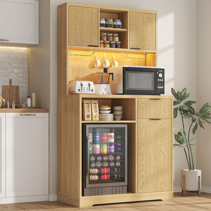 kepptory 72" Mini Fridge Cabinet with Storage, Coffee Bar Cabinet with Mini Fridge, Tall Coffee Bar Station with RGB LED Light, Wine Glass Holder, for Home Kitchen Living Room, Retro