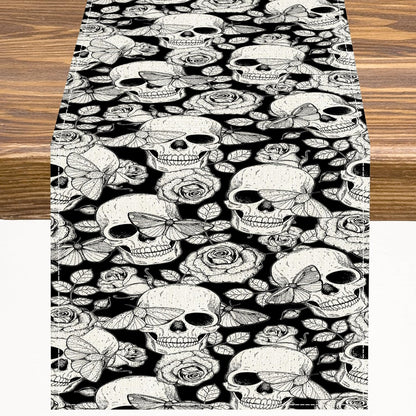13x36 inches Gothic Table Runner White Skull Flowers Moth Pattern Table Runner Table Cloth Decoration Dresser Garden