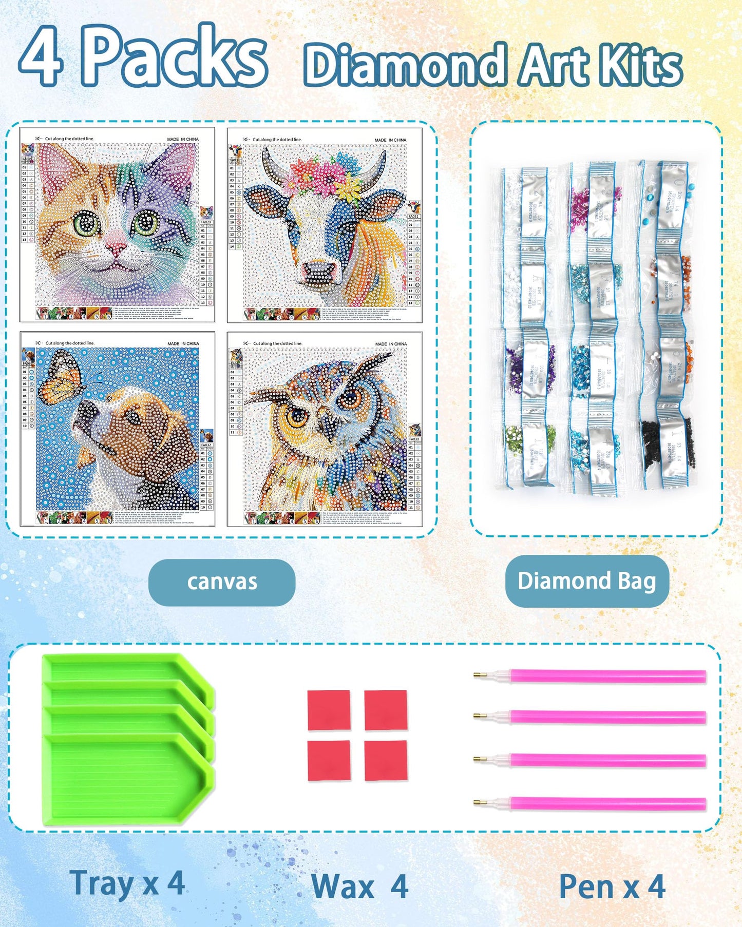Leixonl 4 Packs 5D Diamond Art Kits for Kids Ages 6-8-9-12,Arts and Crafts Set for Home Wall Decor.Gem Art by Number Kits Arts and Crafts Kits(5.9x5.9inch) (Butterfly Dog)