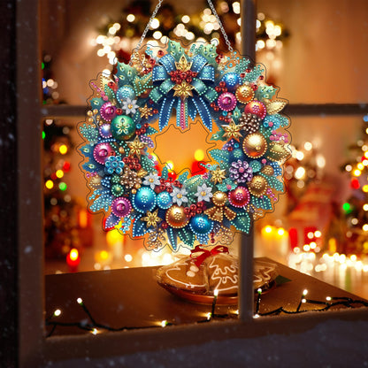 JJFox Diamond Art Hanging Kit for Adult,Special Shaped Rhinestone,Double Sided 5D DIY Acrylic Diamond Art Painting Window Pendants Home Garden Wall Hanging Kits Hanging Ornament (Christmas Wreath)