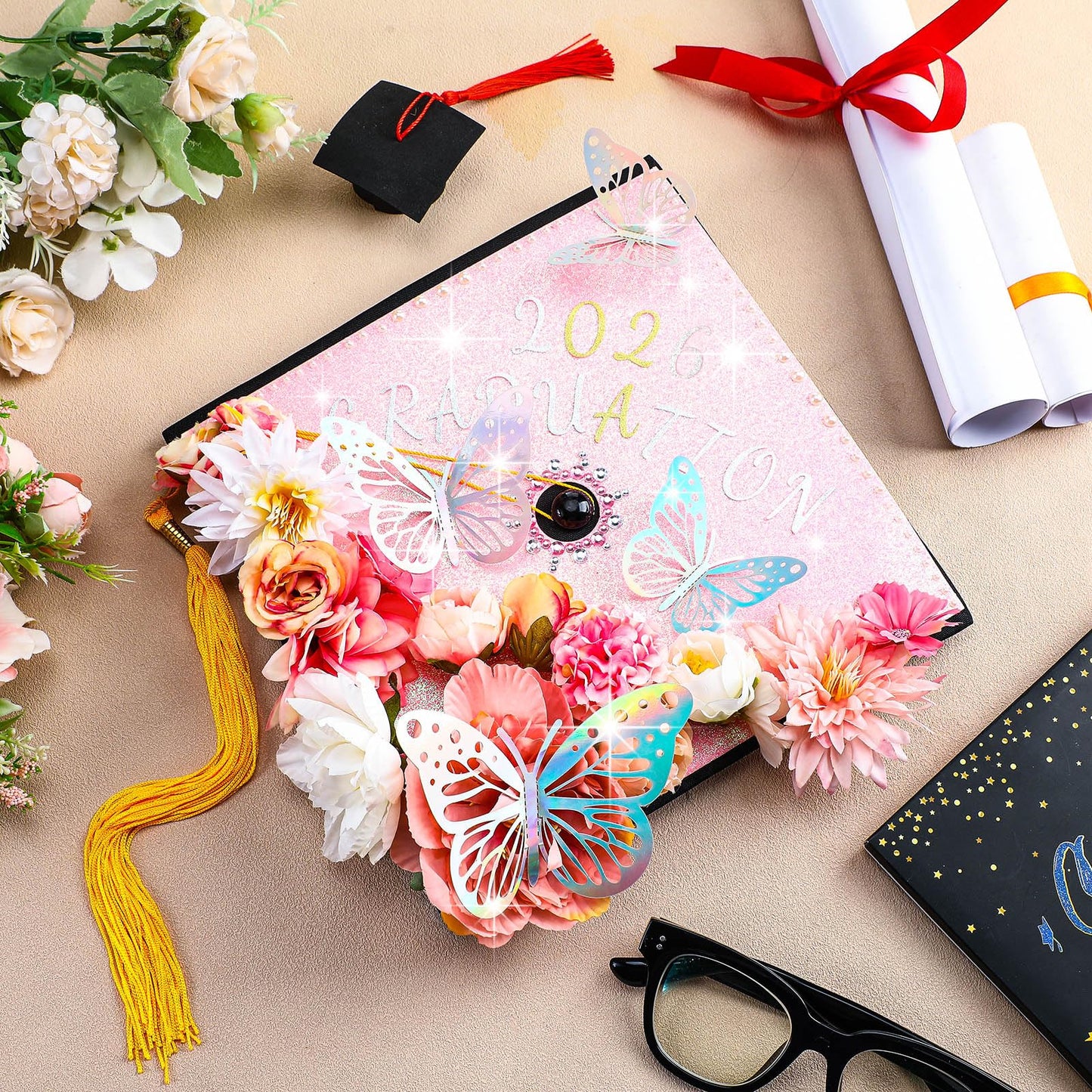 Wavwavw 44 Pcs DIY Graduation Cap Decorations Kit Pink Grad Cap Decorations 3D Artificial Flowers Butterfly Decals Rhinestone Pearl Stickers Letter Stickers Glitter Paper for 2026 Grad Hats Decor