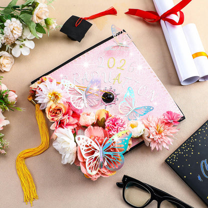Wavwavw 44 Pcs DIY Graduation Cap Decorations Kit Pink Grad Cap Decorations 3D Artificial Flowers Butterfly Decals Rhinestone Pearl Stickers Letter Stickers Glitter Paper for 2026 Grad Hats Decor