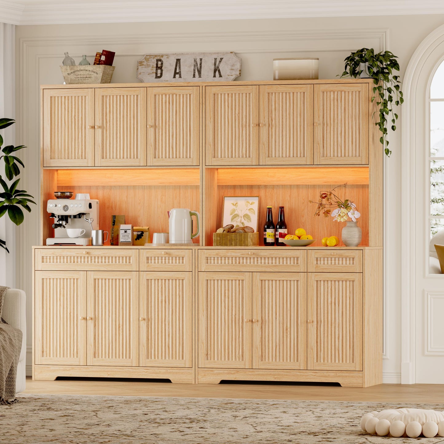 BORNOON Pantry Cabinet with Charging Station and Light, Tall Kitchen Pantry Storage Cabinet with Microwave Stand, Wide Fluted Kitchen Hutch with Storage Drawers and Adjustable Shelves for Dining Room