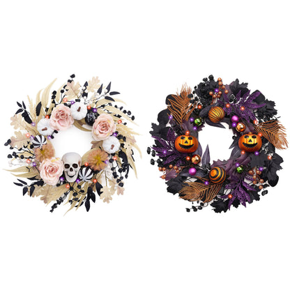 Valery Madelyn 18 Inch Halloween Wreath for Front Door with Lights, Pre-Lit Fall White Pumpkin Skull Wreath Pink Roses Halloween Decorations for Home Porch Table Centerpiece Party Holiday Autumn Decor