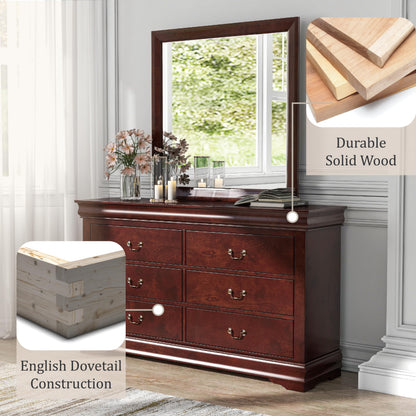 Furniture of America Louis Philippe Traditional Wooden 6 Drawer Dresser with Mirror, Vintage Bedroom Set, Accent Vanity Dressing Table with Antique Nickle Handles, Walk-in Closet, Cherry