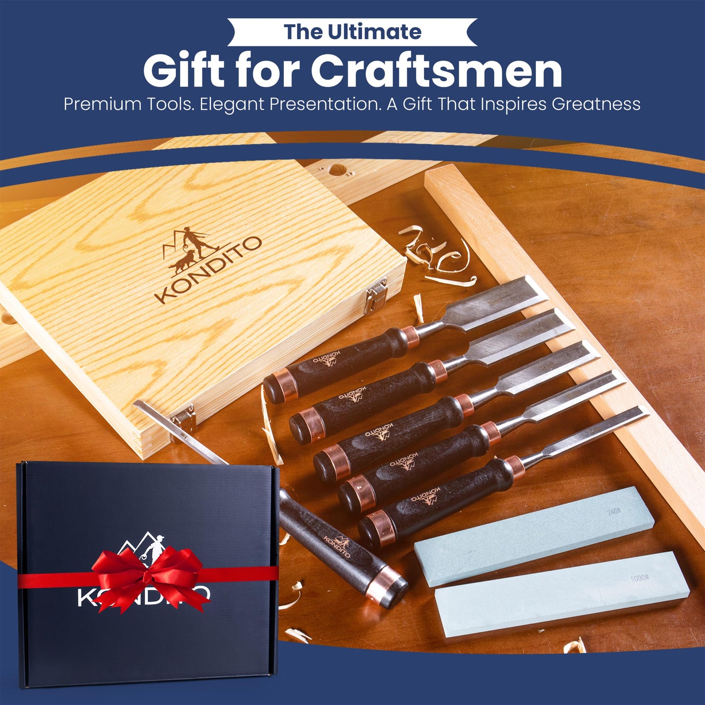KONDITO Professional Wood Chisel Set – Complete Chisel Kit with 6 CRV60 Steel Blades (6–38mm), 2 Sharpening Stones & Hardwood Case – Wood Carving Chisels for Joinery, Sculpting & Woodworking Tools