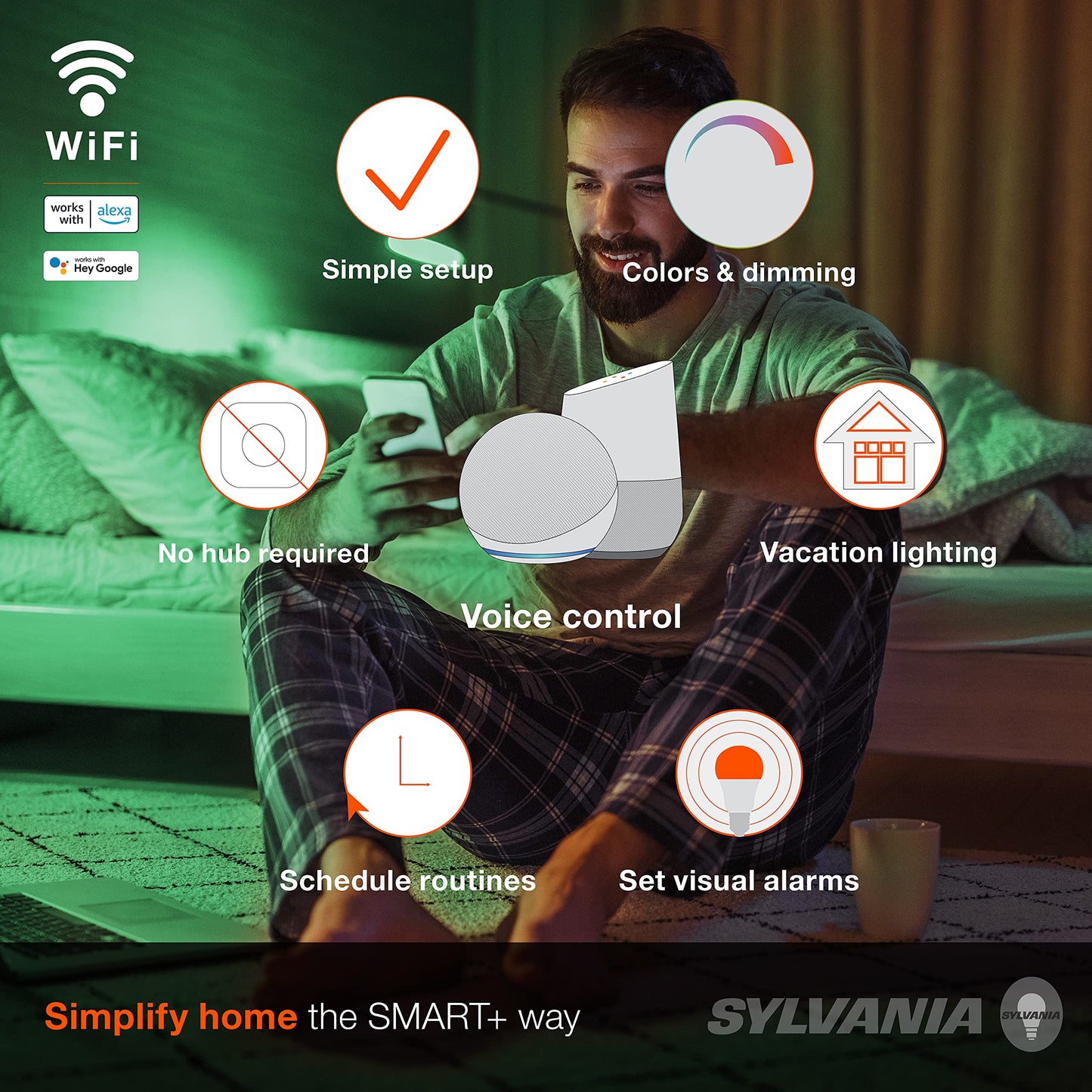 SYLVANIA Wifi LED Smart Light Bulb, 60W Equivalent Full Color and Tunable White A19, Dimmable, Compatible with Alexa and Google Home Only - 4 Pack (75674)
